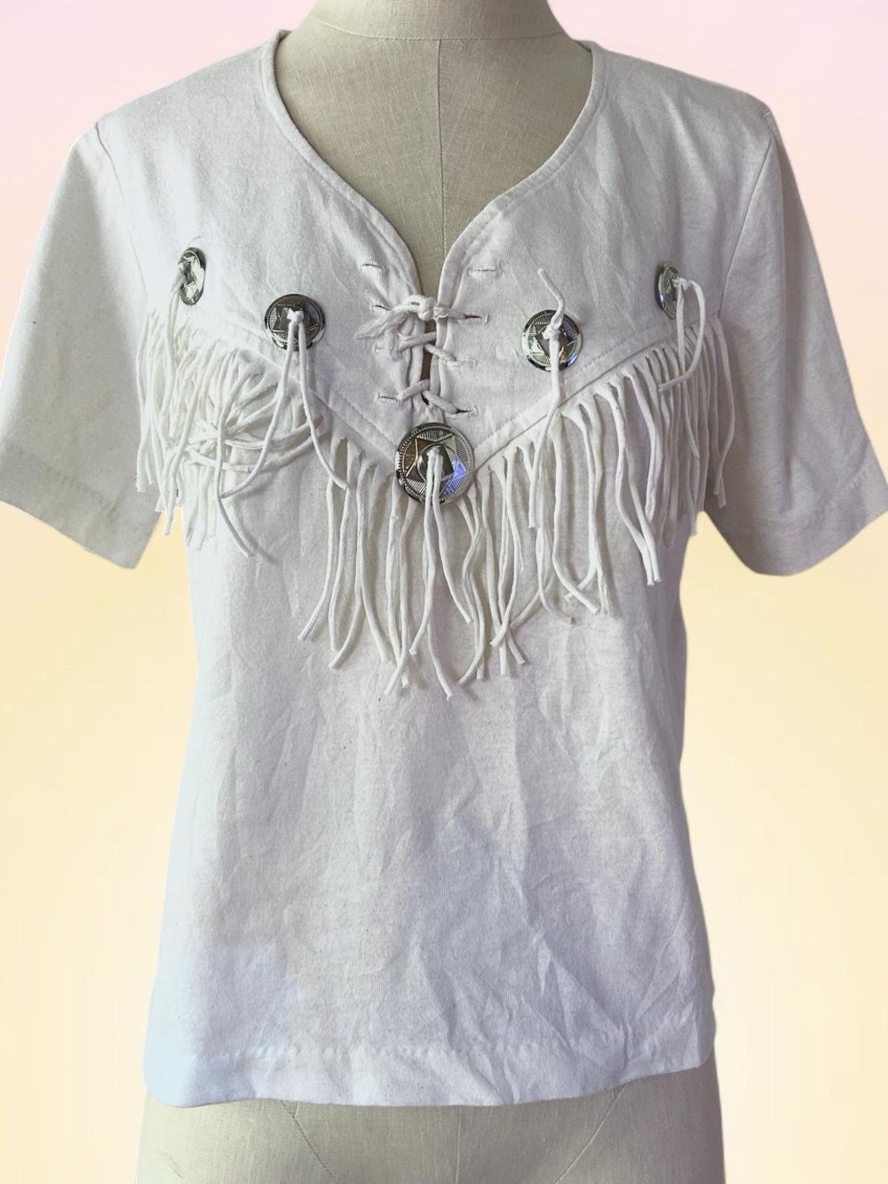 Vintage White Fringe Tassel Lace-Up Short Sleeve Tee with Silver Conchos